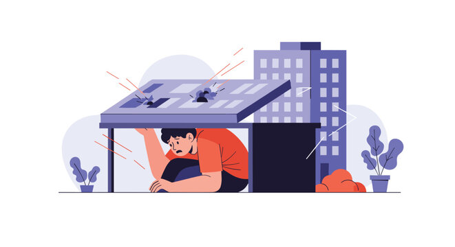 Person huddles in fear under a sturdy desk for protection while debris falls from above during a dangerous earthquake or building collapse.