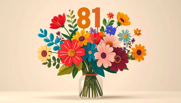 Vibrant Flower Bouquet with Number 81 for Birthday or Anniversary Celebration