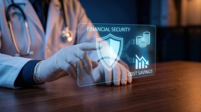 Healthcare Financial Security and Cost Management Concept: Doctor Interacting with Holographic Shield, Digital Coins, and Expense Reduction Interface
