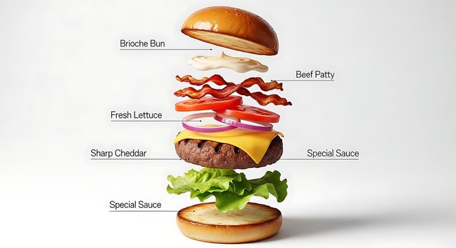 Exploded view of gourmet beef burger showing all fresh layers floating.