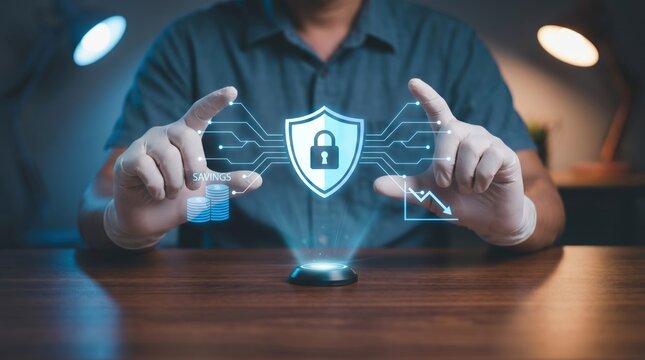 Healthcare Financial Security and Cost Management Concept: Doctor Interacting with Holographic Shield, Digital Coins, and Expense Reduction Interface