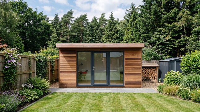 Modern wooden garden room with large glass doors and lush green surroundings
