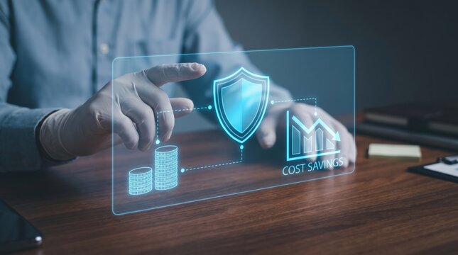Healthcare Financial Security and Cost Management Concept: Doctor Interacting with Holographic Shield, Digital Coins, and Expense Reduction Interface