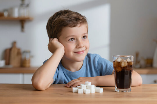 Child examining sugar cubes beside cola drink while sitting thoughtfully at white table indoors.