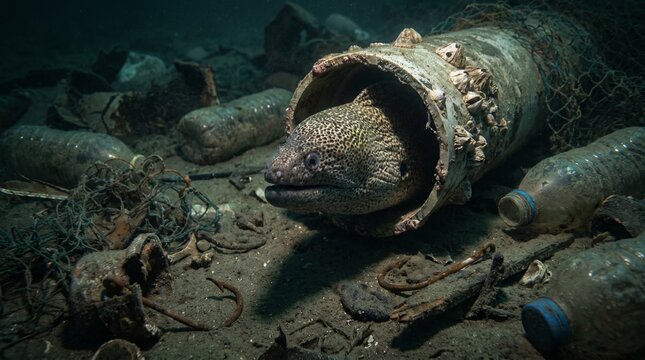 Moray eel in polluted ocean environment surrounded by plastic waste