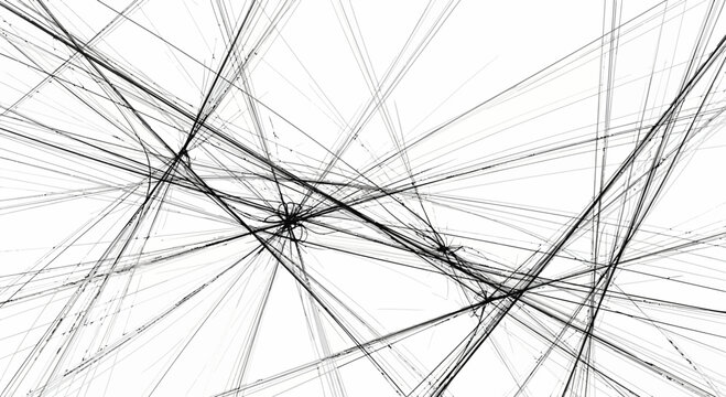 Abstract pattern of overlapping intersecting black lines on a white background, creating a sense of dynamic movement and complexity