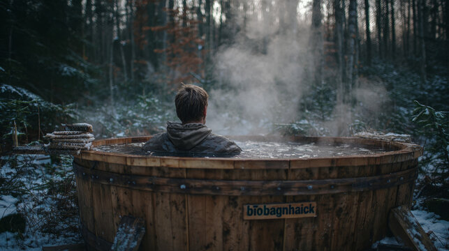 Person entering outdoor wooden ice bath tub in winter forest, biohacking trend and cold water therapy concept