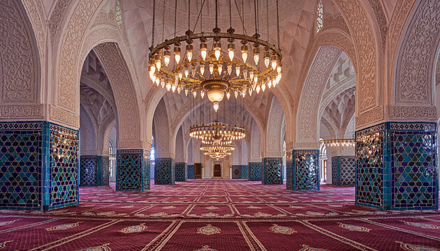 Grand mosque interior with ornate Islamic geometric architecture and golden chandelier light
