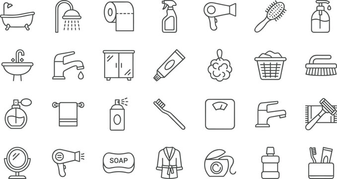 Bathroom and Personal Care Icon Collection Featuring Bathtub, Shower, Hairdryer, Soap, Toothbrush, Sink, Laundry Basket, Scale, and Hygiene Symbols for Home and Digital Designs.