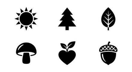 Nature Icons Set: Sun, Tree, Leaf, Mushroom, Heart Plant, Acorn Vector Graphics for Eco-Friendly Design and Organic Themes © Monirul