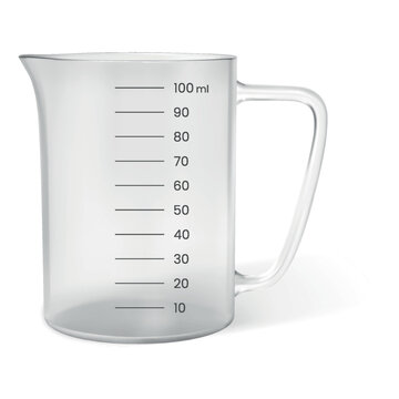A realistic, empty, transparent 100 ml measuring cup with a clear graduation, spout, and handle.