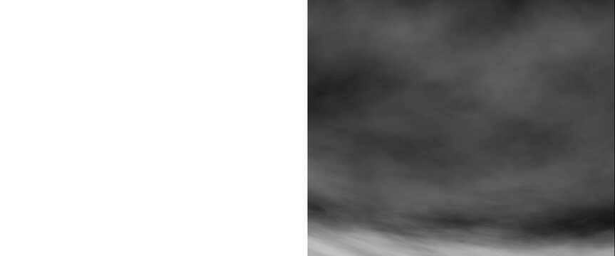 Atmospheric smoke texture on white background, dark gray vapor clouds, abstract misty fog overlay for creative design and compositing