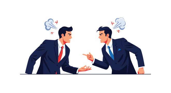 Two furious professional men in suits stand face to face and argue aggressively during a serious disagreement or intense business conflict.
