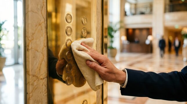 Hotel maintenance staff polishing brass surfaces to a mirror shine, highlighting the high standards of cleanliness and luxury maintenance.