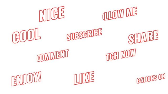 Social media engagement energetic tilted outline text animation set. Streaming platform reactions. Like comment. Bold orange slanted CTA typography in dynamic motion. Expressive overlays collection