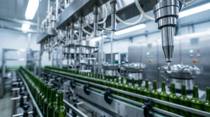 Fototapeta premium Automated bottling line with green glass bottles in beverage factory 