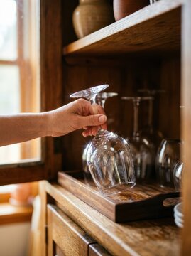 Housekeeping worker replenishing clean glassware in a hotel minibar, highlighting attention to small guest comforts and cleanliness.