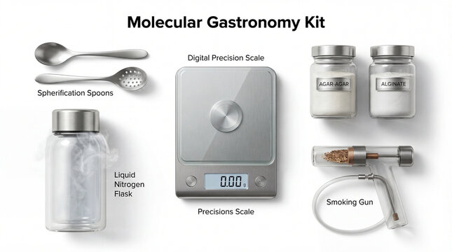 Molecular gastronomy kit infographic showing spherification spoons precision scale agar alginate flask plus smoking gun for culinary education chef workshop product guide isolated art