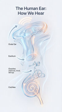 Medical ear anatomy infographic showing outer ear eardrum ossicles cochlea for hearing education otology clinic poster transparent cutaway illustration isolated on soft luminous background