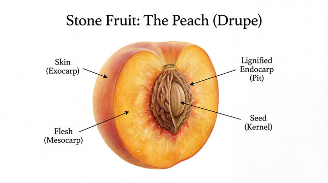 Peach drupe anatomy diagram showing skin flesh pit seed structure in fruit botany education concept for classroom poster design visual reference botanical study graphic visual reference