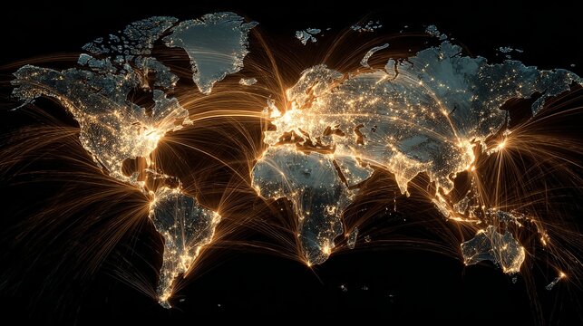 Global digital network connections glowing across the world map in this beautiful conceptual night light photograph