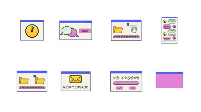 Versatile pixel art pop-up windows UI overlay animation set. New message notification. Warning dialogue. File transfer and delete. Blocky interface elements. Retro 8bit UX design 4K video collection