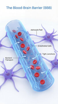 Medical blood brain barrier infographic showing endothelial cells tight junctions astrocyte support nutrient transport for neuroscience education pharmaceutical research poster on clean background
