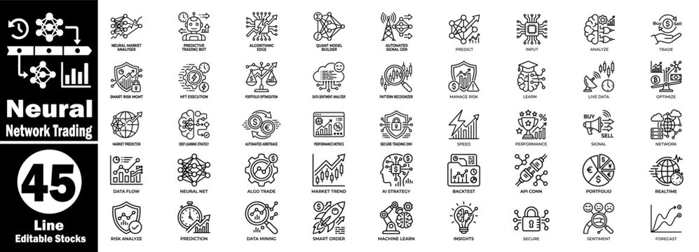 Neural network trading line icon pack for algorithmic financial market software.