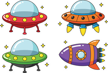 Cute Cartoon UFO and Rocket Space Vehicle Collection Featuring Colorful Flying Saucers and Spaceship for Kids Illustration, Sci Fi, Galaxy, and Digital Design Projects. © Shukimon