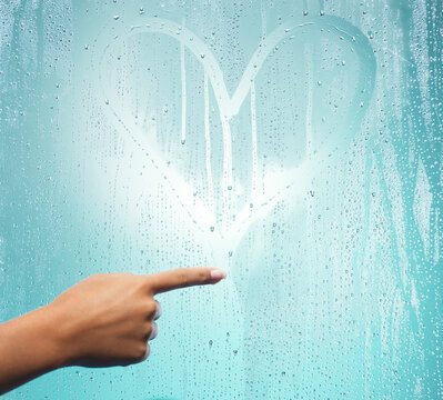 Finger, draw and heart in shower on glass with water drops, symbol and cleaning with morning routine. Hand, icon and sign with sketch, grooming or self love with dirt removal, wellness or sanitation