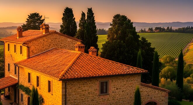Tuscan villa stone farmhouse vineyard landscape golden hour sunset rural italy hills.