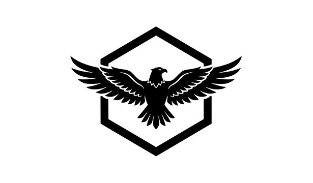 Eagle flight silhouette with black hexagon badge outline isolated vector design
