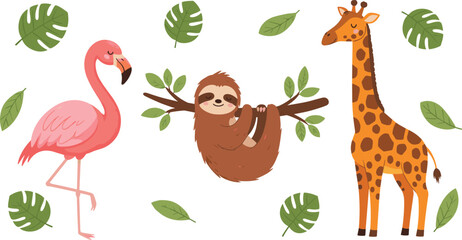 Obraz premium Cute Tropical Animal Illustration Collection Featuring Flamingo, Sloth, and Giraffe with Jungle Leaves for Nursery, Safari, Kids Decoration, and Digital Design Projects.