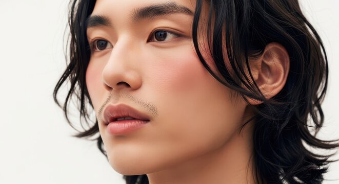 Close up portrait of a young asian man with long dark hair and subtle makeup