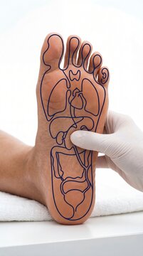Therapist massaging foot with reflexology chart showing internal organs. Alternative medicine and holistic healing procedure. Healthcare treatment for body wellness and stress relief.