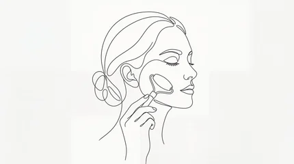 Acrylglasbilder Eine Linie Woman using jade facial roller for skin massage. One line drawing of girl performing beauty routine. Minimalist illustration of skincare, self care, wellness and anti aging concept.  © D-point