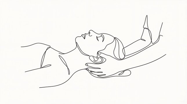 Woman receiving neck massage from therapist. Continuous one line drawing of relaxed patient during spa procedure. Wellness, stress relief and healthcare treatment concept in minimalist style.