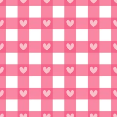 Soft Rose Pink Gingham Pattern with Hearts, Delicate Pastel Checkered Wallpaper © Ayesha