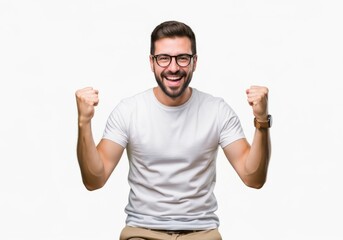 Fototapeta premium Excited bearded man with glasses celebrating success isolated on white background