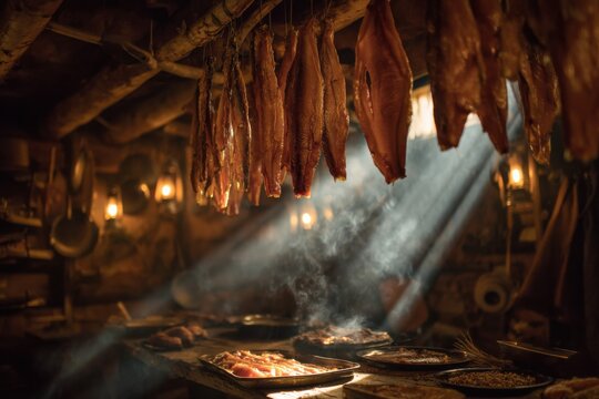 Smoked fish hanging in traditional smokehouse, cured meat heritage, smoking process visible
