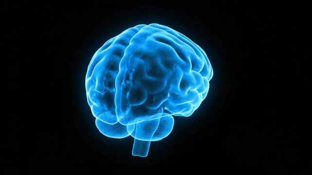 Rotating glowing blue human brain against black background showing the mind and neural network activity and thought