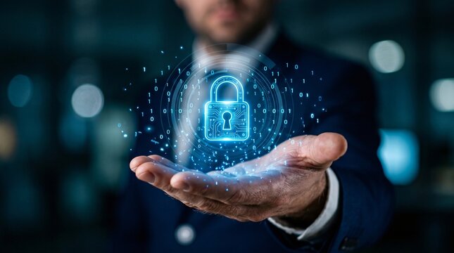 Businessman holding a digital padlock icon with binary code and glowing particles