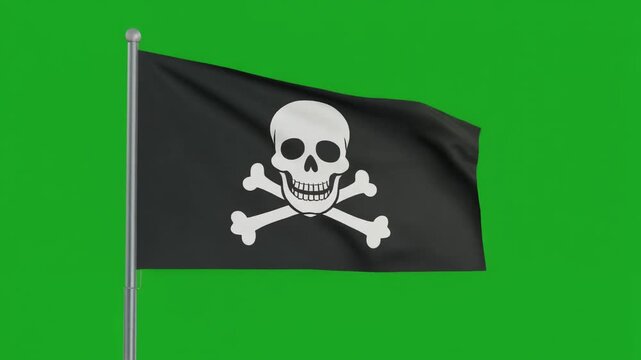 Realistic Pirate Flag Waving Naturally in Strong Wind on Green Screen Background Jolly Roger Skull and Crossbones for Adventure Film