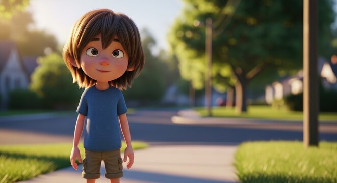 Animated Boy Standing on a Suburban Street with Trees and Sunlight.