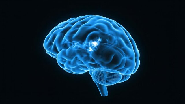 Glowy blue brain animation with neuron activity and wireframe details on a black background