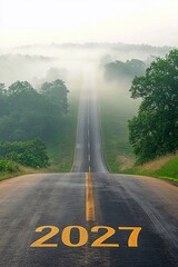 Fototapeta premium A Dreamy Long Road Stretching Towards a Blurred Horizon, Promising Unknown Challenges Ahead in 2027