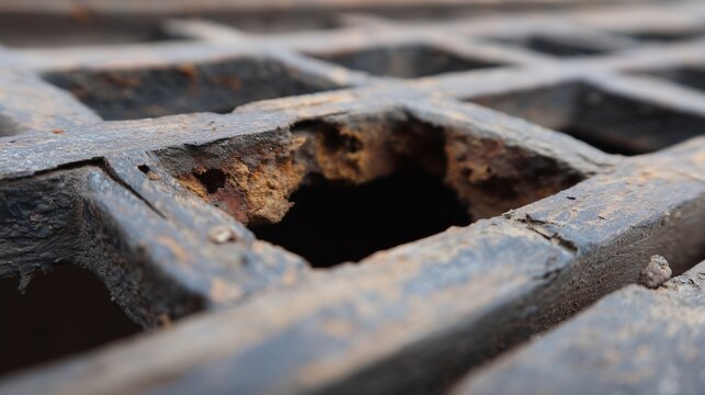 Rusty metal grate with jagged hole revealing dark cavity, symbolizing attic bat exclusion entry point and wildlife access vulnerability.