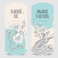 Obraz premium Flax seeds oil engraved hand drawn vector design, flax flowers with seeds in wooden scoop sketch, organic superfood