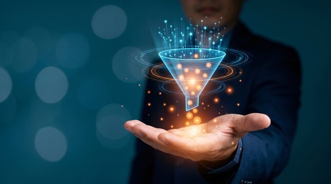 A man's hand holds a digital funnel processing glowing data streams data processing