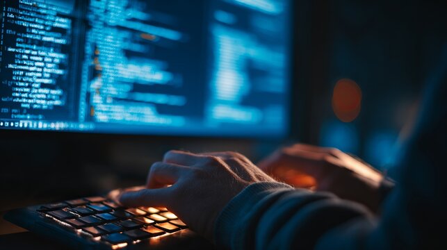 Software developer typing code on a illuminated keyboard in a dark room for this professional photo